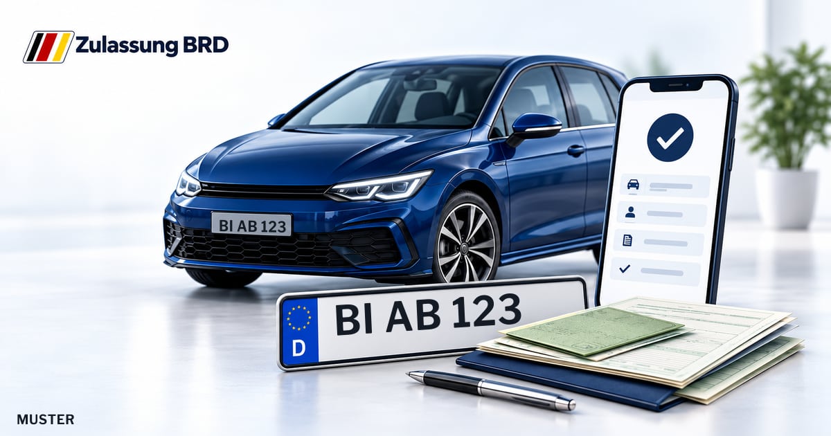 Online Fahrzeugzulassung in Bielefeld: Musterkennzeichen BI AB 123, Auto und Fahrzeugpapiere und Smartphone. Illustration mit Logo von Zulassung BRD.